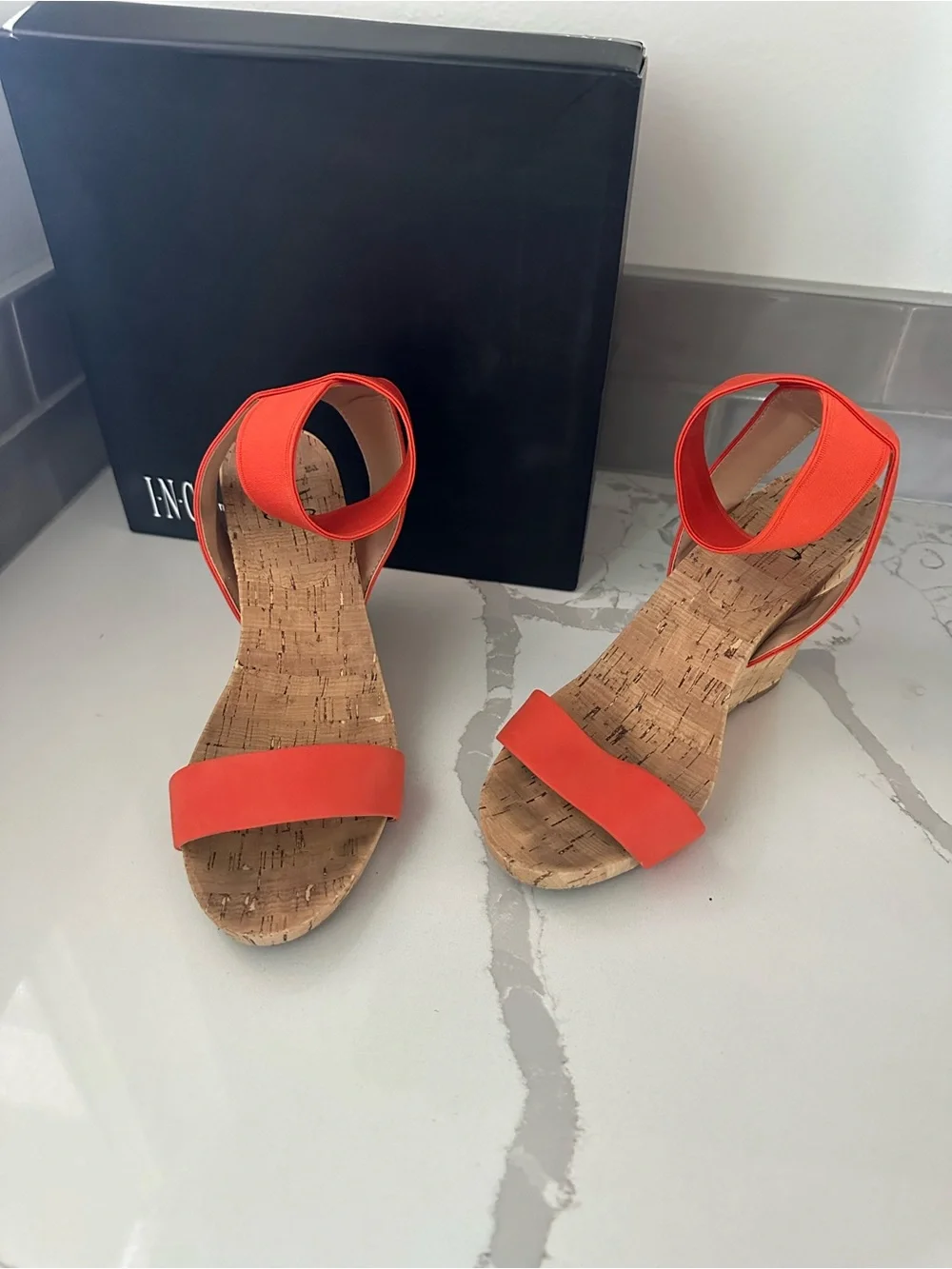 Red Cork Wedge Sandals with Elastic Ankle Strap